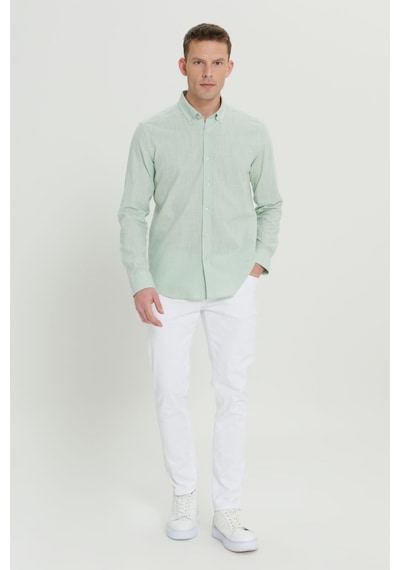 AC&Co / Altınyıldız Classics Erkek A.mınt Tailored Slim Fit Dar Kesim Düğmeli Yaka Keten Görünümlü %100 Pamuk Flamlı Gömlek Mint