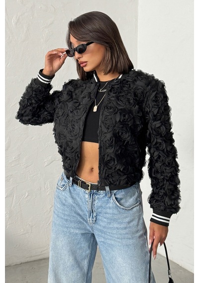Verymoda Gül Süzüneli Fermuarlı Mont Siyah