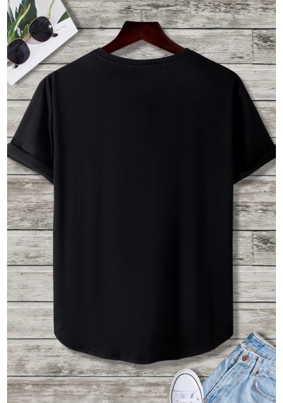 Cool Tarz Erkek Siyah Bisiklet Yaka Oval Etek Salaş %100 Pamuk Basic T-shirt Siyah Siyah
