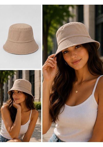Bej Kadın Bucket Şapka Günlük Kullanım Ve Güneş Şapkası Açık Bej