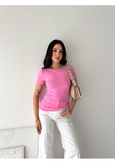 Elaxi Kadın Kısa Kollu Kayık Yaka Buzy Kumaş Tişört Pembe