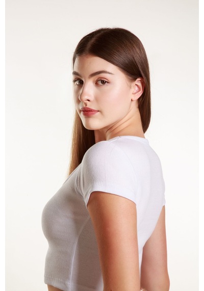 Mea Capio Kadın Fitilli Crop Kare Yaka Fitilli Kısa Kollu T-shirt Atlet Beyaz