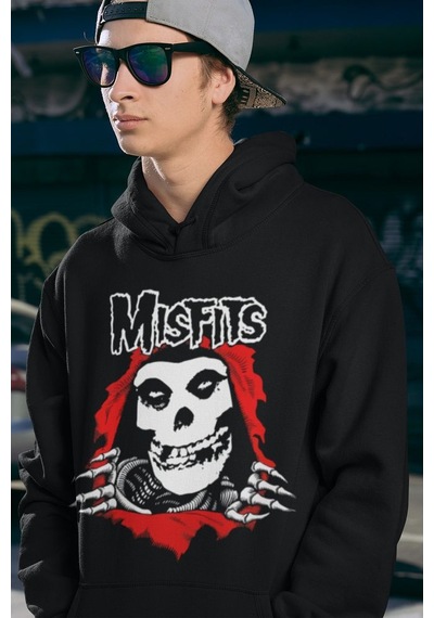 Sevbano Misfits Baskılı Unisex Oversize Rock Metal Hoodie Siyah