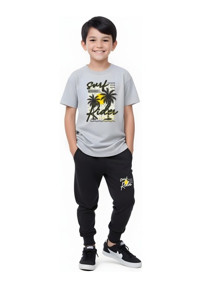 Fyk Kids Erkek Çocuk Mevsimlik Surf Rider Baskılı Alt-üst Takım Gri