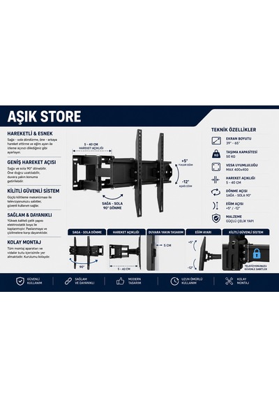 Hareketli Tv Askı Aparatı 39 65" Vesa 400 400 50 Kg