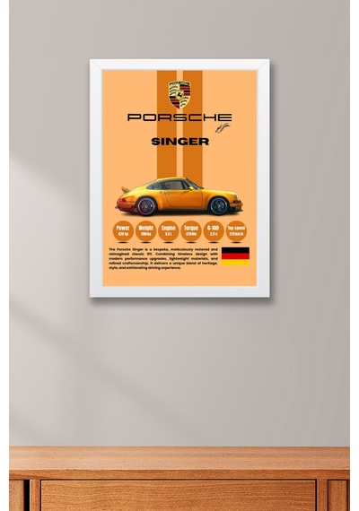 Porsche Singer Premium Klasik Spor Araba Tablosu - Teknik Özellikli Otomobil Duvar Dekoru Beyaz