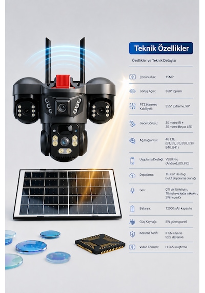 ARM-01 Solar Güneş Panelli 15MP 3 Lensli 4G Sim Kartlı Güvenlik Kamerası 360° PTZ Gece Görüşlü Sesli Dış Mekan V380 Pro