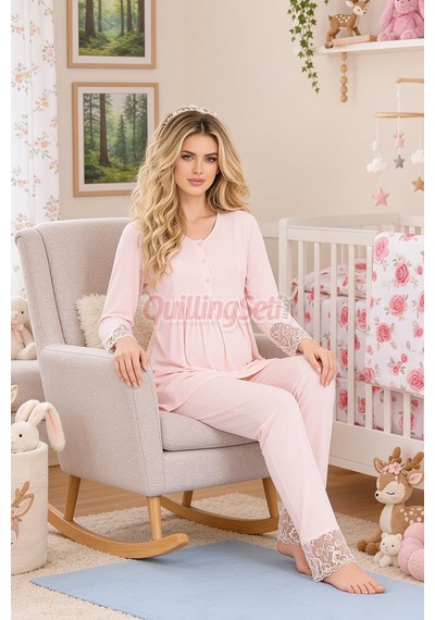 Quilling Lady Bebe Pembe Renkli Dantel Detaylı, 33204 Uzun Kol, 2 Parça Lohusa Hamile Pijama Takımı Açık Pembe M - L