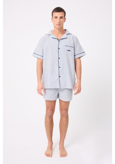 L'espadon Marısılk Seastrıpe Erkek Yazlık Şortlu Gömlekli Pijama & Lounge Takımı-3178 Mavi