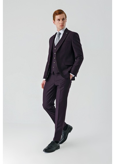İmza Gabardin Kırlangıç Yaka Yelekli 6 Drop Slim Fit Klasik Takım Elbise 1001240187- Mürdüm İmza Gabardin Kırlangıç Yaka Yelekli 6 Drop Slim Fit Klasik Takım Elbise 1001240187- Mürdüm