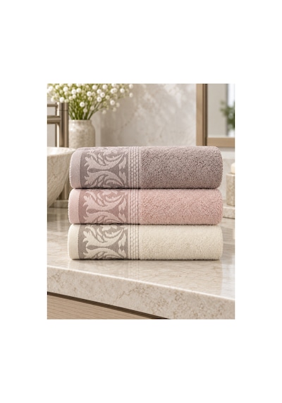 Sarmaşık Desenli Havlu 50x90 Cm 3 Lü Set %100 Pamuk - Soft Rosette Çok Renkli