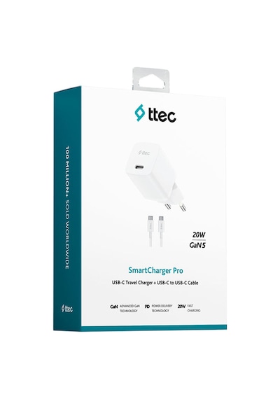 Ttec 2SCG20CB Smartcharger Gan 20W PD Seyahat Hızlı Şarj Aleti + USB-C - USB-C 60W Kablo