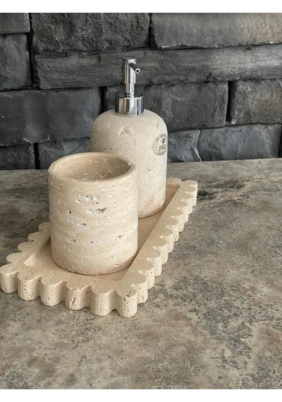 Dekoratif Tepsili Traverten 3'lü Banyo Takımı Beyaz