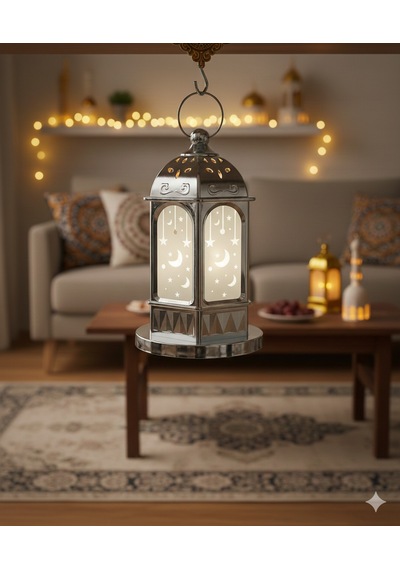 16 Cm Ramazan Ledli Gümüş Tabanlı Parlak Model Fener - Dekoratif Ramazan Feneri Diğer
