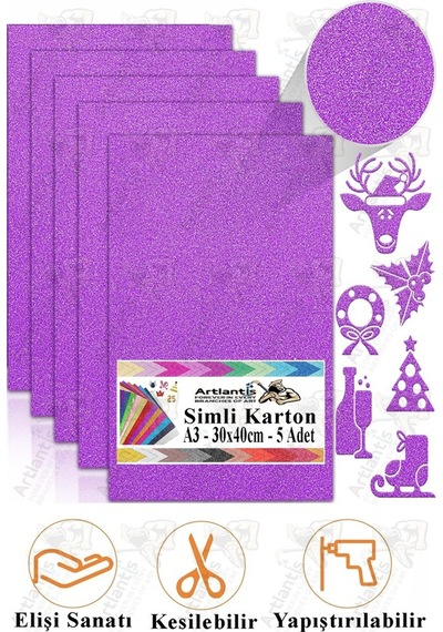 Simli Karton A3 30x40 Cm 5 Li 1 Paket Simli Fon Kartonu Parıltılı Kağıt Anasınıfı Kreş Etkinlik Proje Dekoratif Mor
