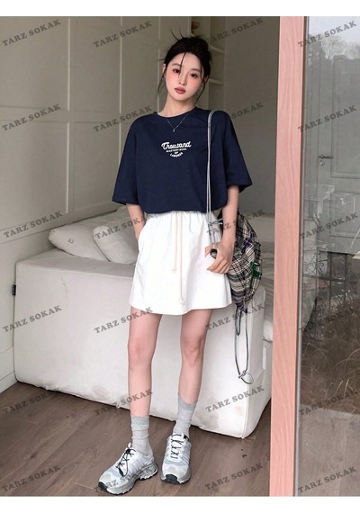 Flood Of Style Unisex Bay Yazılı Baskılı Düşük Omuzlu Tişört Kod-1386 Lacivert