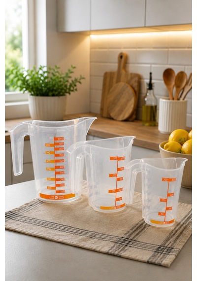 3'lü Set Kulplu Ölçü Kabı Seti 300 Ml -- 500 Ml -- 1000 Ml Pastacı Şeffaf - 905863498 Şeffaf