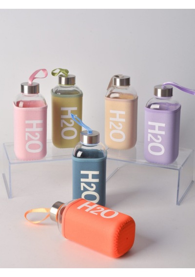 H2o Kare Kılıflı Pastel Renk Cam Matara 530 Ml Çok Renkli