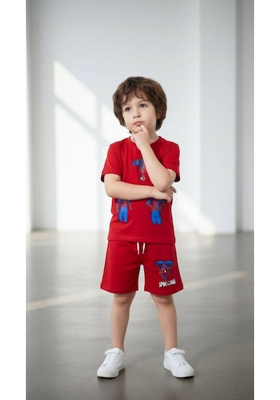Miniko Kids Erkek Çocuk Spiderman Örümcek Adam Modelli Pamuk Şortlu Takım Kırmızı