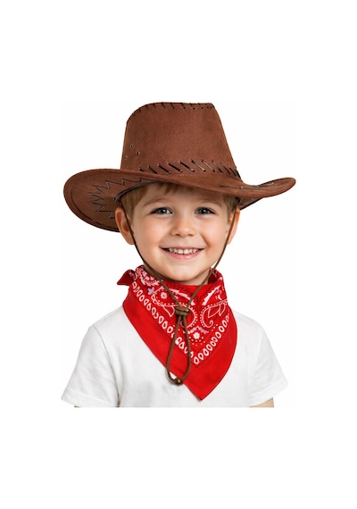 Çocuk - 590 - Kovboy Şapka Kahverengi &amp Kırmızı - Csmo-tex - Bandana Seti