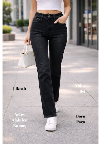 Cedy Denim Kadın Boru Paça Yüksek Bel Regular Fit Likralı Pantolon Siyah Cedy Denim Kadın Boru Paça Yüksek Bel Regular Fit Likralı Pantolon Siyah