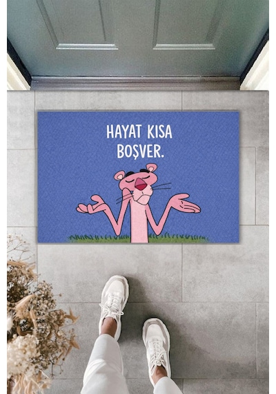 Rugmood Modern Dijital Baskı Paspas - Hayat Kısa Boşver - Kapı Önü Paspası Mavi