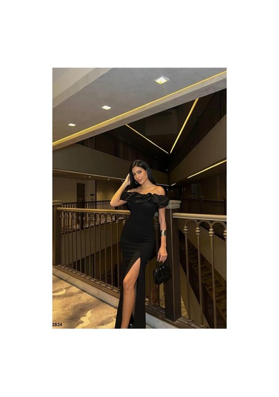 Lior Design Kadın Trend Tasarım Kare Yaka Yırtmaçlı Kısa Kollu Abiye Elbise Siyah