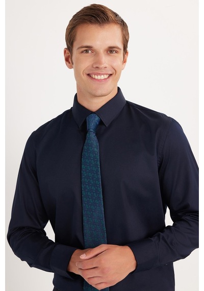 Tudors Erkek Slim Fit Premium Likralı Pamuk Saten Lacivert Gömlek-35742 Lacivert