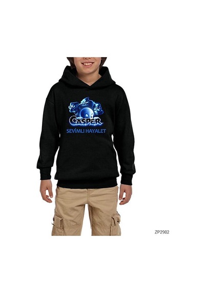 Zepplin Giyim Casper Sevimli Hayalet Siyah Çocuk Kapşonlu Sweatshirt