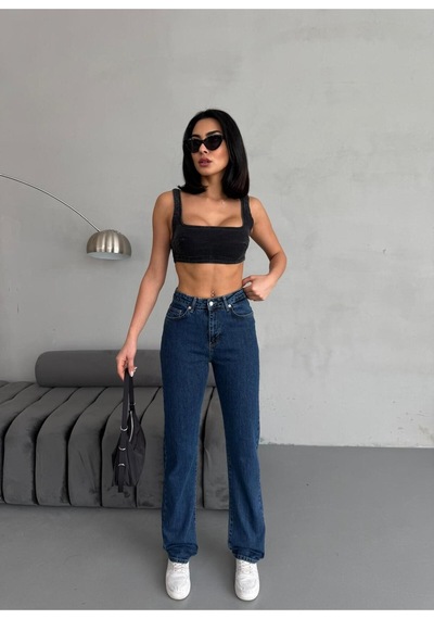 Dark Blue Straight Boru Paça Jean Mavi+koyu