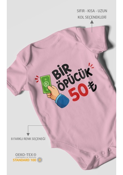 Morivokids Bir Öpücük 50tl Kısa Kollu Bebek Body %100 Pamuk Koyu Pembe