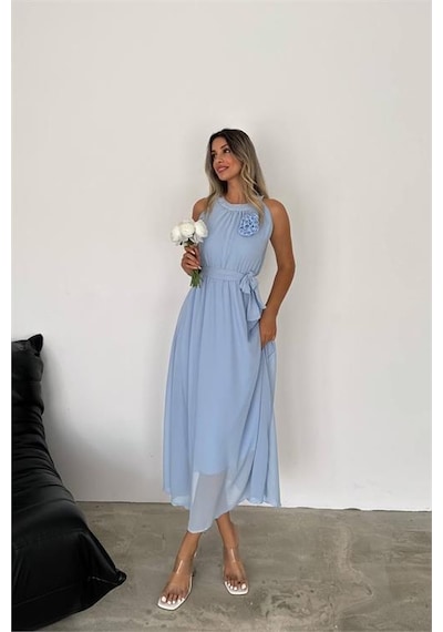 Neşeli Butik Kadın Gül Broş Detaylı Uzun Şifon Elbise Nbk2144 Mavi