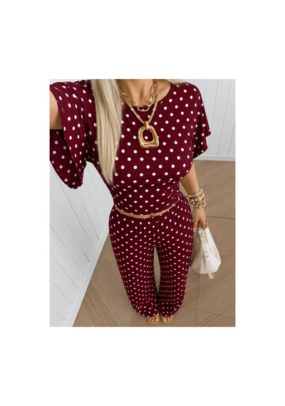 Wild Flower Kadın Puantiyeli İkili Takım Crop Bluz Bol Paça Pantolon Bordo