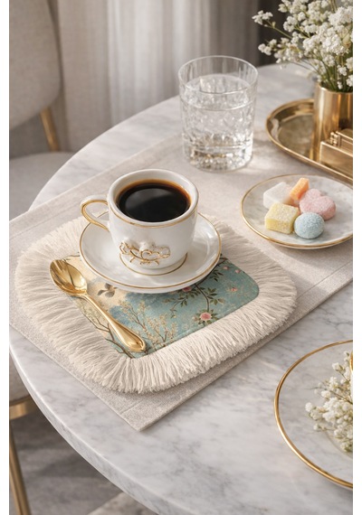 Lüks Kuşlu Çiçekli Püsküllü Sunum Peçetesi-pastoral Vintage Mavi Pembe Krem Bardak Altlığı Mendil Çok Renkli