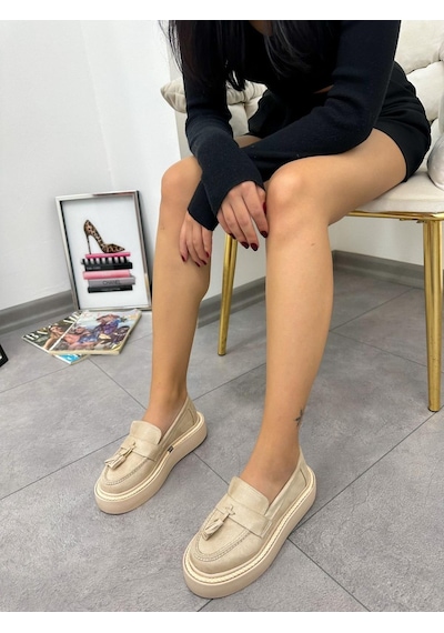 Erva'nın Butiği Bej Süet Line Püskül Detay Kadın Loafer-4887