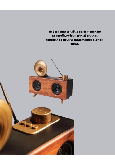 Hubrendy Tekno Çift Hoparlörlü Bluetooth Gramofon Speaker Fm Radyo, Usb, Sd Kart Ve Aux Girişli
