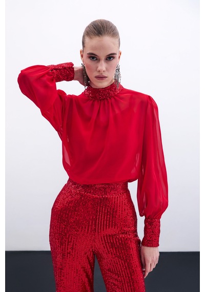 Sateen Payet Detaylı Bluz - Kırmızı-135855 Kırmızı Sateen Payet Detaylı Bluz - Kırmızı-135855 Kırmızı