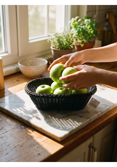 Siyah Oval Tasarım Hasır Detaylı Ekmek, Sebzelik Sepeti 27x 8 Cm