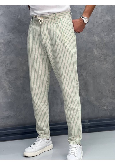 Modefendi Linen Kumaş Çizgi Detaylı Pantolon Yeşil