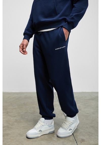 Grimelange MARSHALLHOODIE Erkek Pamuklu İçi Polarlı Nakışlı Relaxed Koyu Lacivert Eşofman Takımı