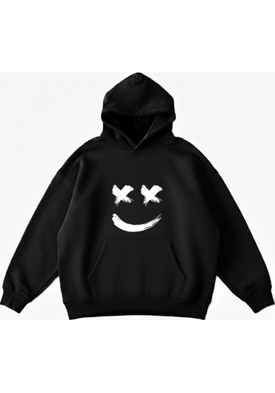 Maki Home Makiteks Siyah Pamuklu Unisex Cepli Kapüşonlu Rahat Kesim Gülen Yüz Baskılı Sweatshirt SiYAH