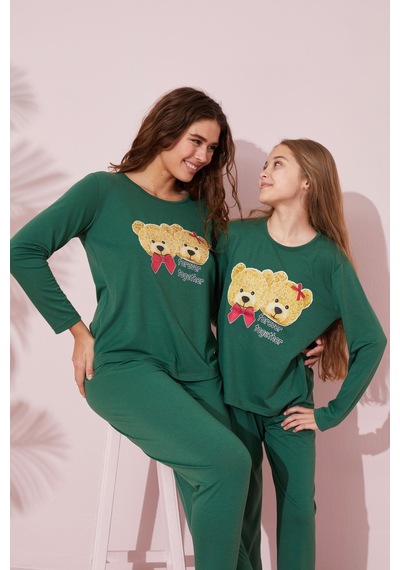 Siyah İnci Pamuklu Örme Pijama Takım 24241068 Yeşil