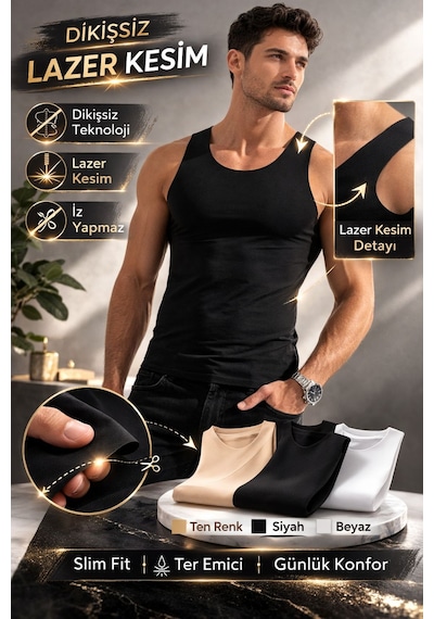 Qulat Berrak Erkek Lazer Kesim Görünmez Dikişsiz Atlet %85 Pamuk %15 Elastan Slim Fit İz Yapmaz/ 2 Adet Siyah
