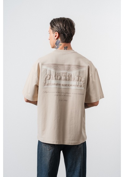 Respire Erkek Da Vinci The Last Supper Baskılı Oversize T-shirt Bej