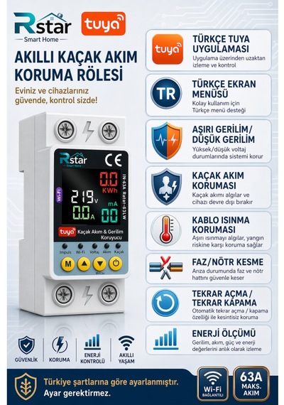 Rstar Wifi Akıllı Kaçak Akım Rölesi Tuya Uyumlu Voltaj Ve Akım Koruyucu Rstar-63lw