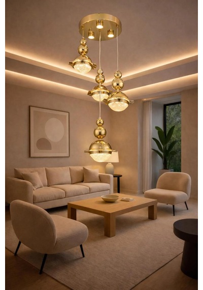 Bohem Aydınlatma Gold 3+1 Şapkalı Sarkıt 3 Renk Led Ayarlanabilir Başlık Modern Avize Gold