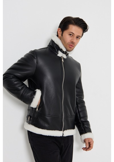 M M Marki Marki Hakiki Deri Mont Pilot- Siyah, Beyaz Hakiki Kürklü, Fermuar Kapamalı, Şık Ve Dayanıklı - 501822