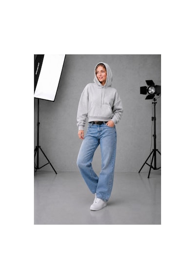 Herkesemoda Kadın Cepli Kapüşonlu 2 İplik Şardonlu Crop Boy Oversize Sweatshirt Gri