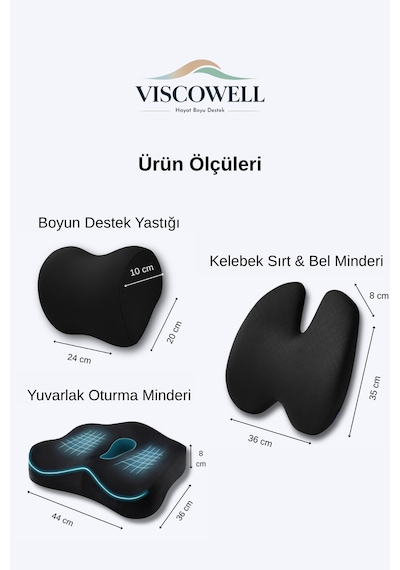 Ortopedik 3'lü Visco Bel Destek & Oturma Minderi Ve Boyun Destek Yastığı - Ofis, Araç, Ev Çalışma Sandalyesi İçin