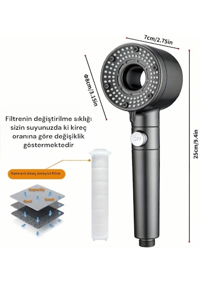 5 Adet Yedek Filtreli Yüksek Basınç Özellikli Duş Başlığı Su Tasa Gri